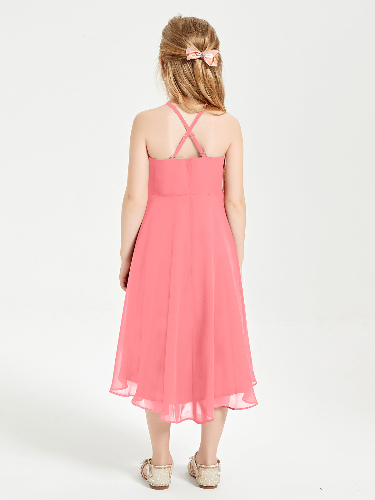 Trendy Tea Length Junior Bridesmaid Dresses Asymmetrical Skirt Watermelon